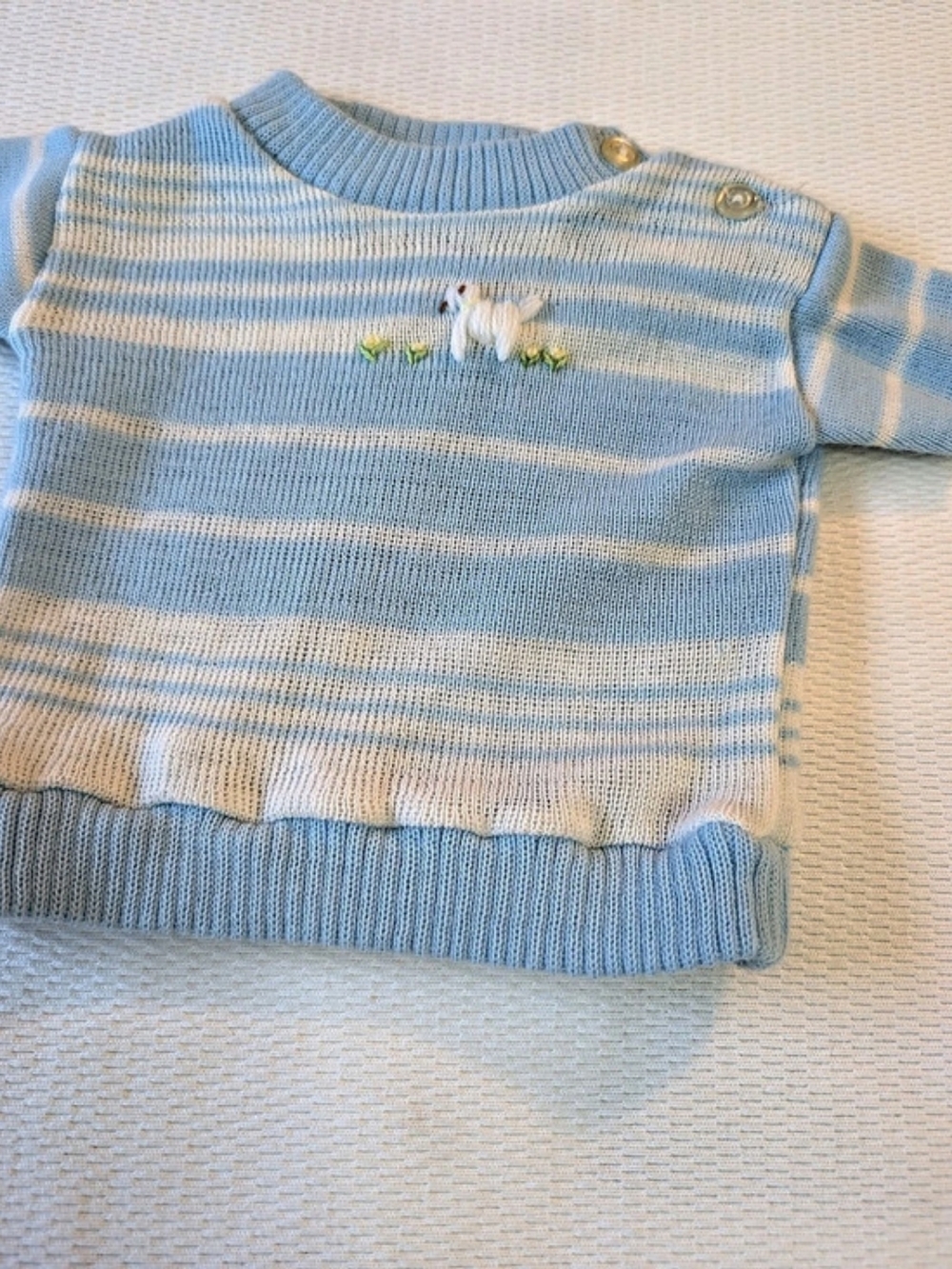 VTG Cradle Knit Baby Sweater Blue Striped Lamb Embroidered